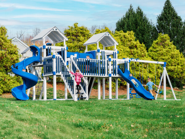 large vinyl swing set with two towers