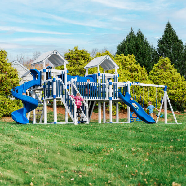 large vinyl swing set with two towers