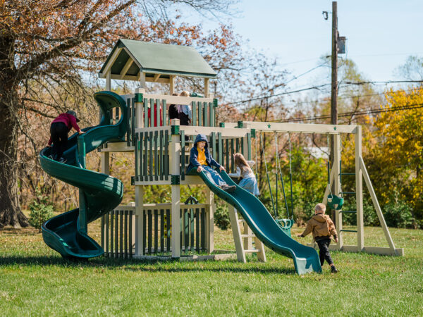 three level swing set with porch