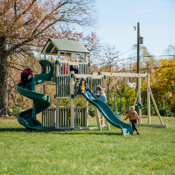 three level swing set with porch