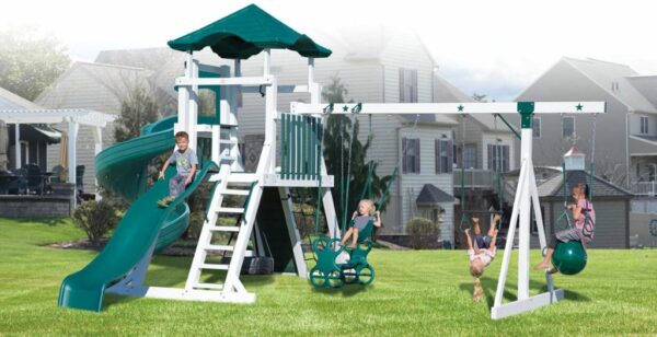 playset with a tall slide